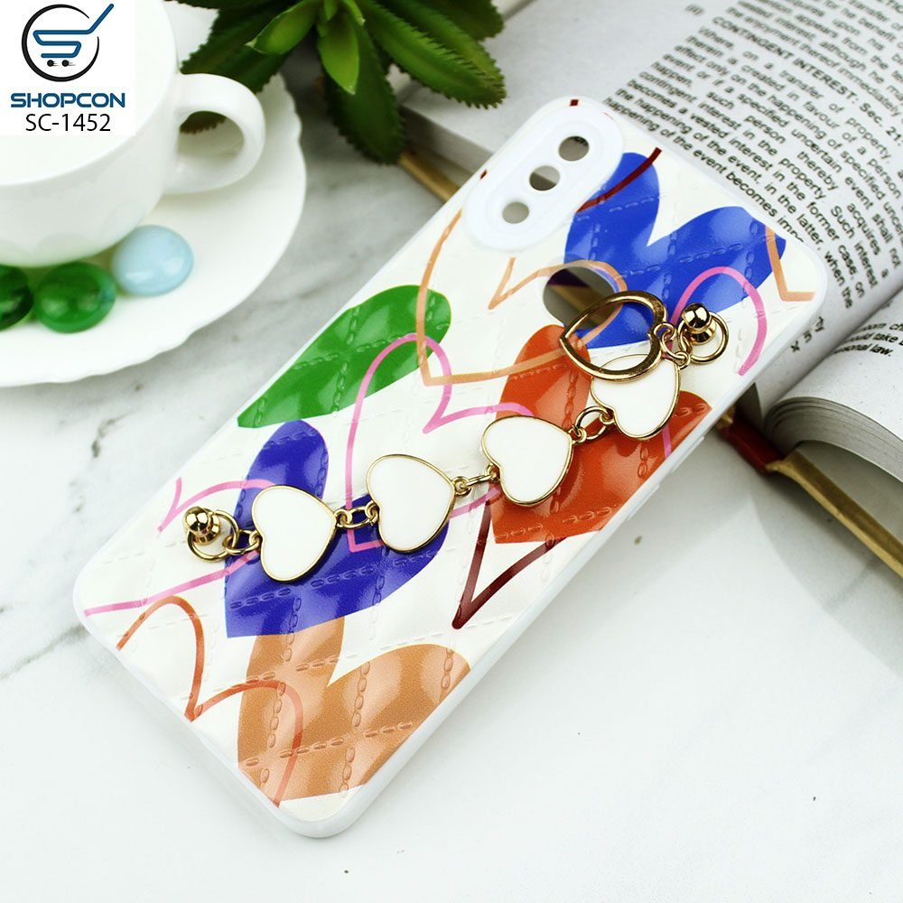Samsung Galaxy A10S / Trendy Rohmbus Pattern Case / Heart Chain Holder / Shiny Soft Case / Mobile Cover