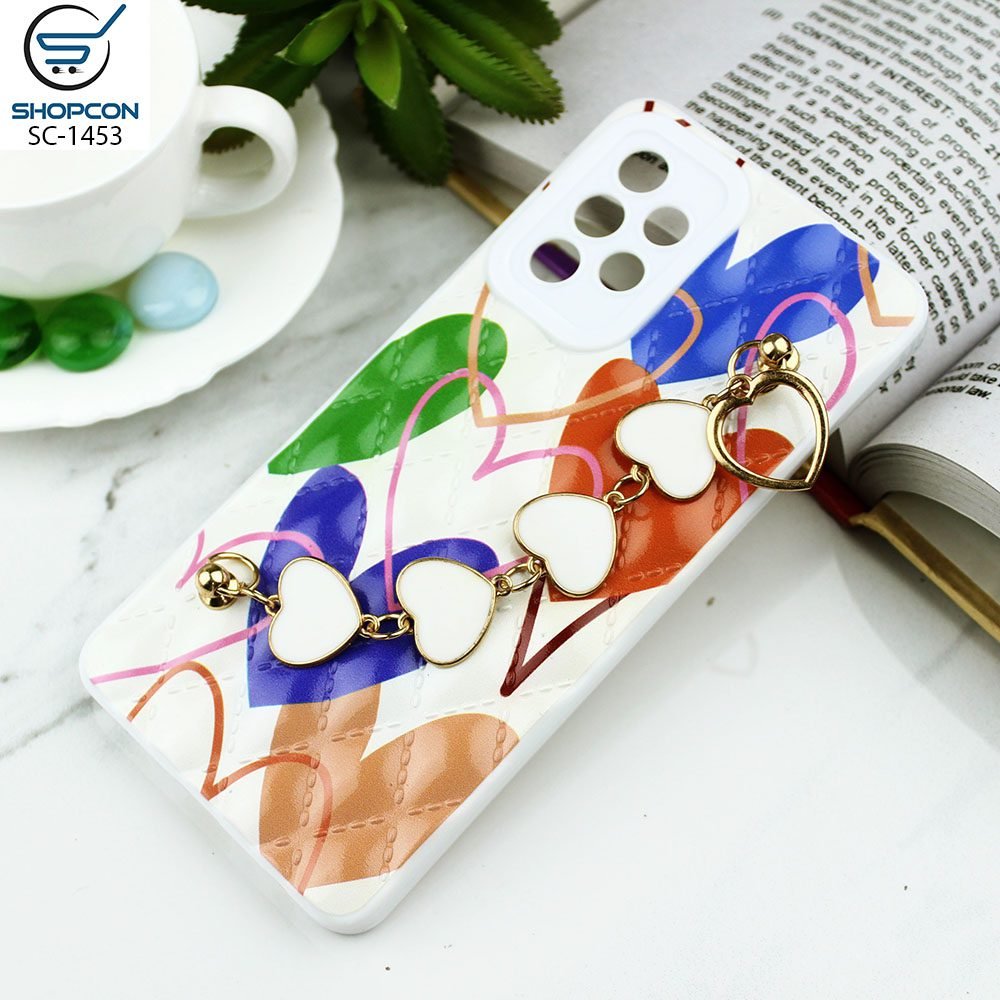 Samsung Galaxy A52 / Samsung Galaxy A52S / Trendy Rohmbus Pattern Case / Heart Chain Holder / Shiny Soft Case / Mobile Cover
